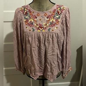 Solitaire Floral Embroidered Baby Doll Smock Blouse - Mauve